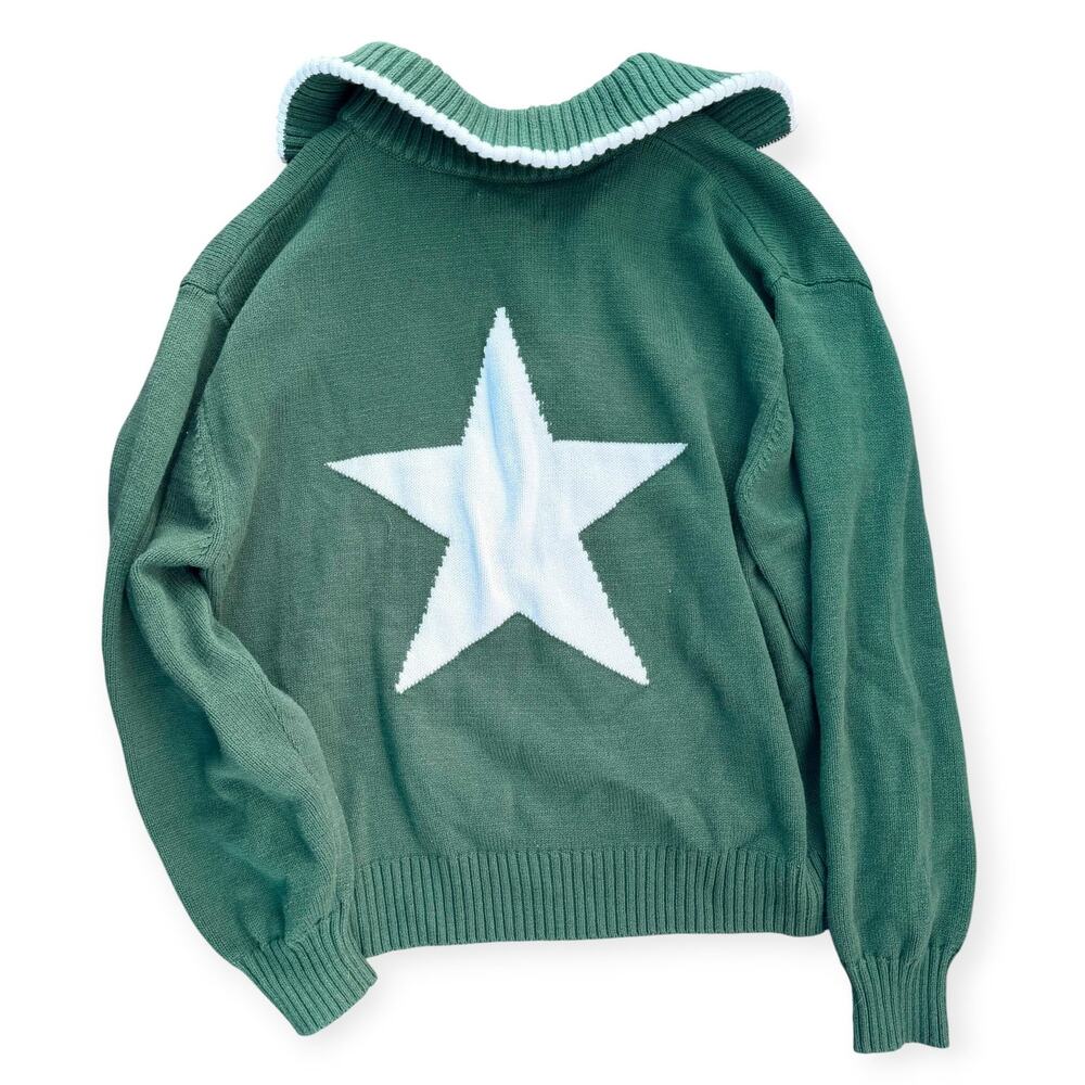 Hollister Star NYC Graphic Green Quarter Zip Knit Sweatshirt - Size Medium